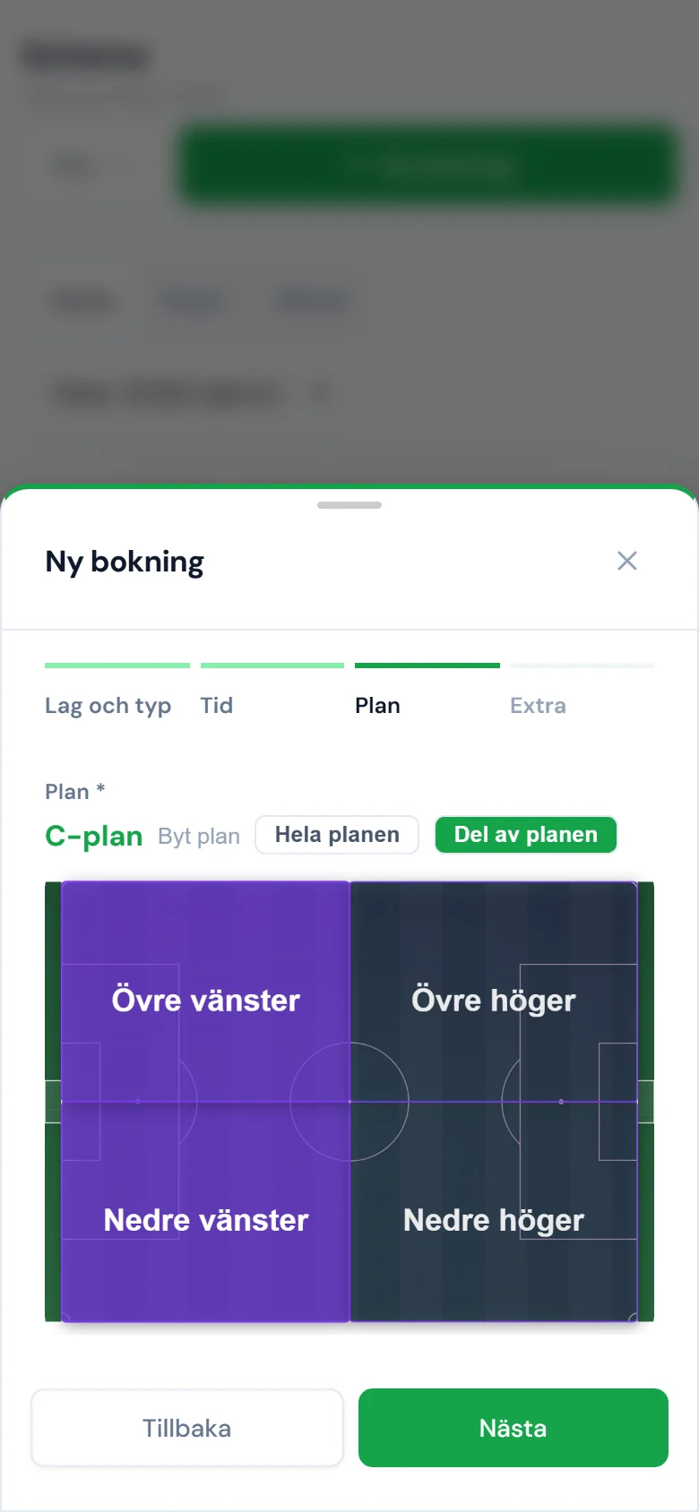 Planvra i mobilen: en träning bokas på två kvartar av en plan.